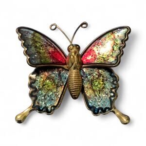 Vintage Interpur Taiwan Butterfly Brooch Pin Green Glitter